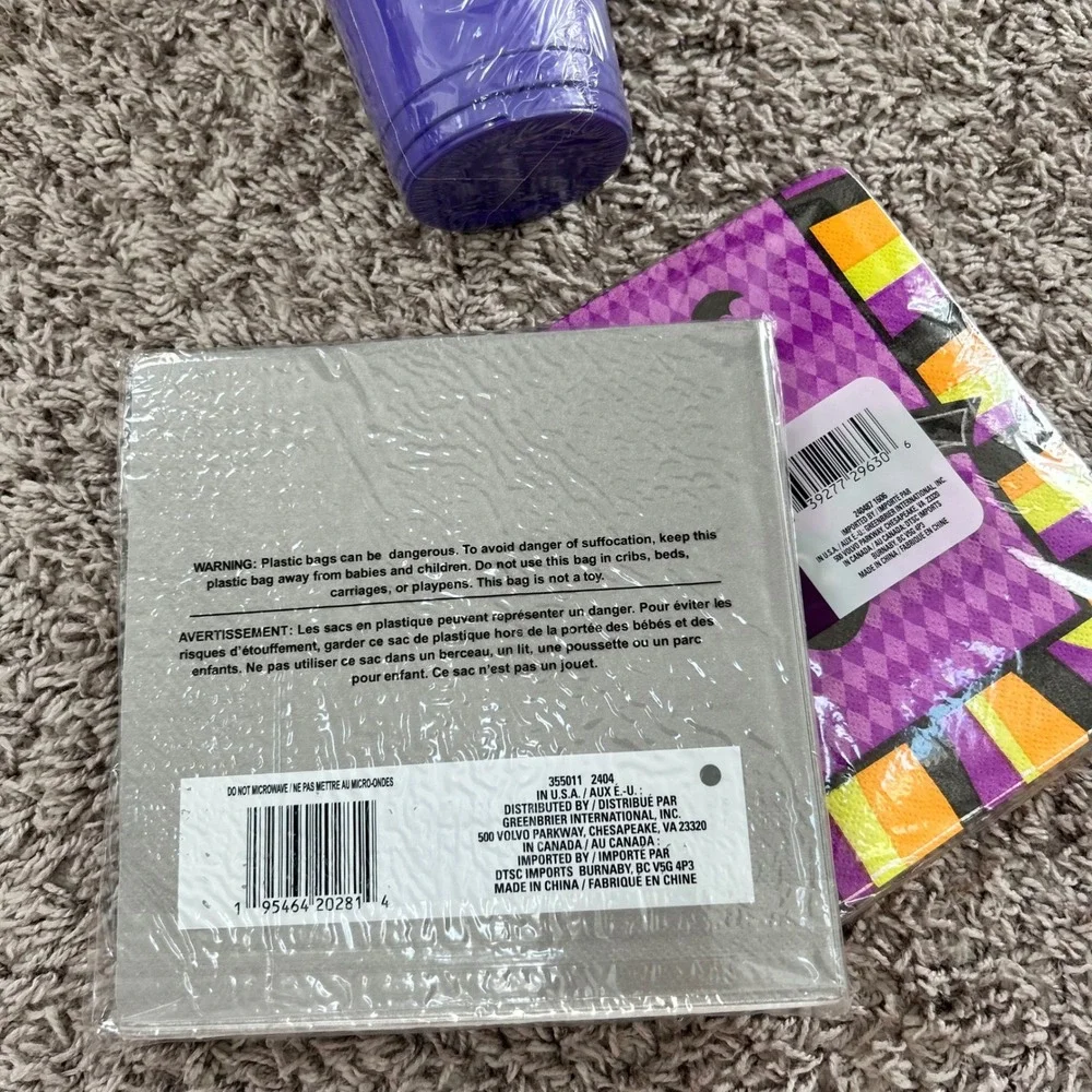 Halloween Party Supplies Bundle Purple Cups Witch Bats &‎ Silver Napkins 64pc